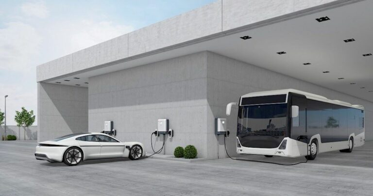 A concept photo of Chargebay products being used to charge an electric sedan and an electric bus.